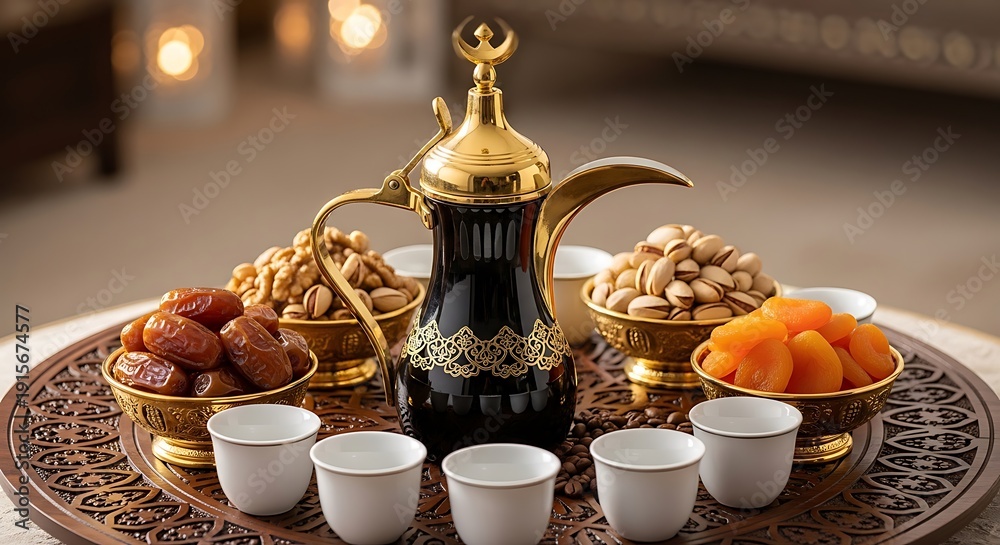 Fototapeta premium A golden coffee pot surrounded by dates nuts and small traditional cups on a tray