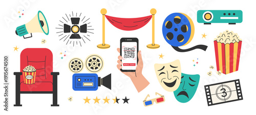 Movie night cinema icons set with mobile QR ticket, popcorn, projector, red seat, masks and 3D glasses