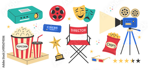 Movie night cinema icons set with popcorn, soda, tickets, projector, director chair, award and 3D glasses