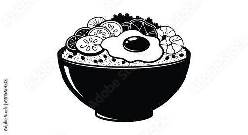 A detailed black and white illustration depicts a rice bowl filled with various foods including an egg and shrimp