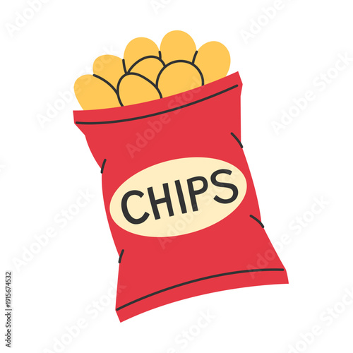 Red chips bag icon with potato crisps. Salty snack illustration for fast food, cinema concession menu and packaging design