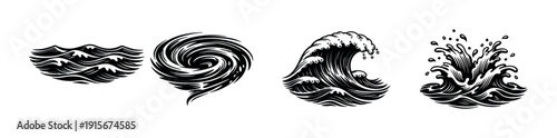 Flat vector icons set: ocean waves, sea patterns, nautical swirls in black and white