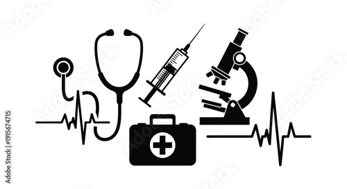 Medical icons including a stethoscope syringe microscope and heart rate line
