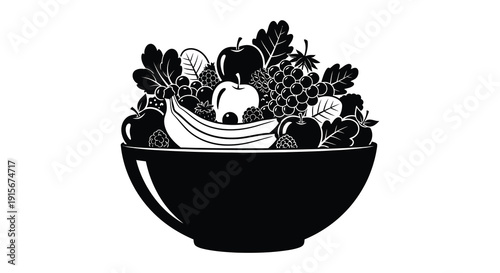 A black and white illustration depicts a bowl overflowing with various fruits and leafy greens showcasing abundance