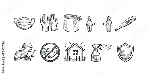 Healthcare and safety outline icon set. Ppe, hygiene, social distancing icons collection
