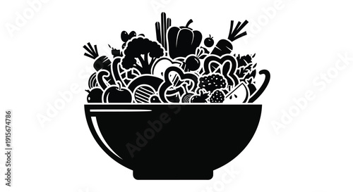 A black and white illustration depicts a bowl overflowing with various fresh vegetables and fruits high quality professional