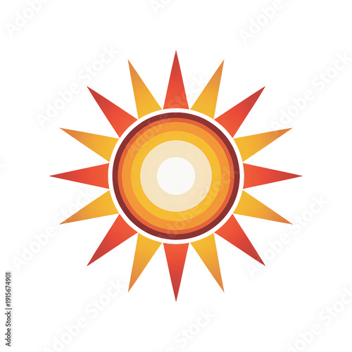 Geometric Orange Sun Icon with Red Rays on White Background