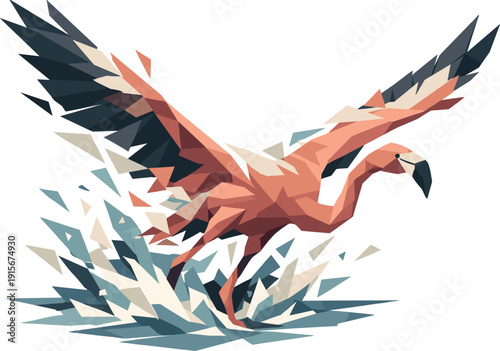 Low-poly vector illustration of a flamingo encountering resistance during takeoff, wings straining wide with angular tension,