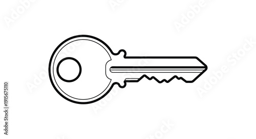 A simple black and white line drawing depicts a standard metal key with a circular head and a jagged blade