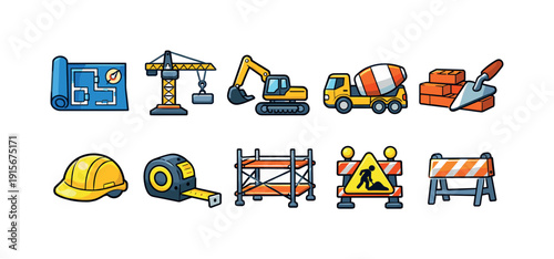 Construction, building flat icon set. Engineering, machinery, tools, site symbols collection