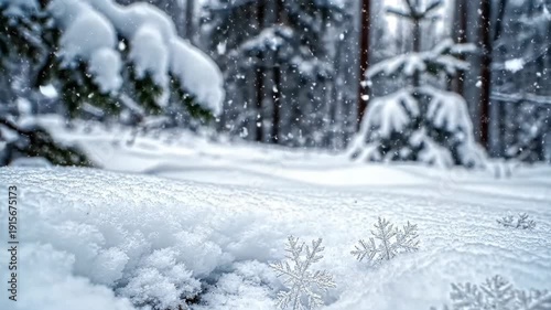 serenity of snow-covered winter forest landscape with gently falling snowflakes and frosty evergreen trees in a peaceful environment scene
