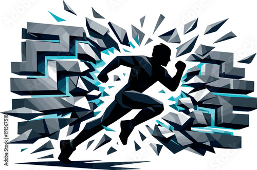 Low-poly vector illustration of a maze escape dash breakthrough moment, runner smashing through a collapsing maze barrier with a