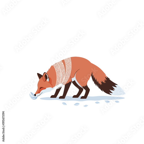 Charming Fox Wearing A Cozy Scarf Sniffing A Feather In Snowy Landscape