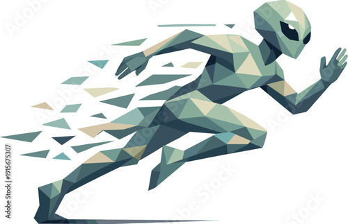 Low-poly vector illustration of an alien sustaining the sprint chase into the future, streamlined angular posture with stabilized