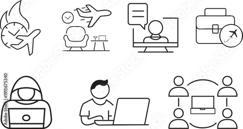 Set of minimalist linear icons for business travel airplane flights and digital nomad remote working