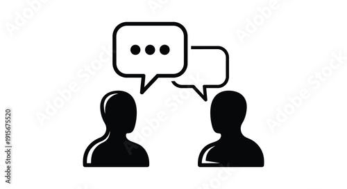 A minimalistic black and white illustration depicts two silhouetted heads facing each other with a speech bubble connecting them