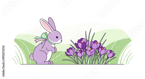 Charming Purple Rabbit Gazing At Vibrant Crocus Blooms