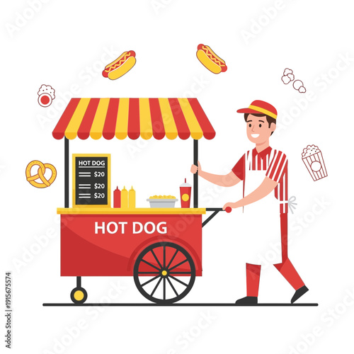 Cheerful Vendor Pushing Hot Dog Cart Ready for Street Food Sales