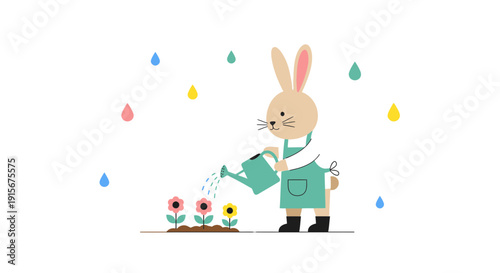 Charming Rabbit Tends To Blooming Flowers In A Whimsical Garden Scene