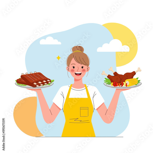 Cheerful Woman Serving Delicious Barbecue Meal with Ribs and Roasted Chicken Dishes Presentation