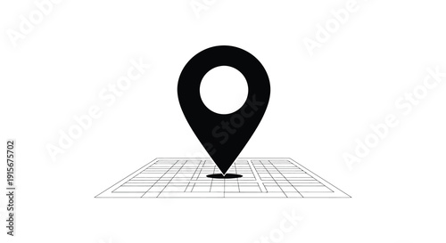 A simple black location pin icon is displayed atop a light gray grid pattern background high quality professional