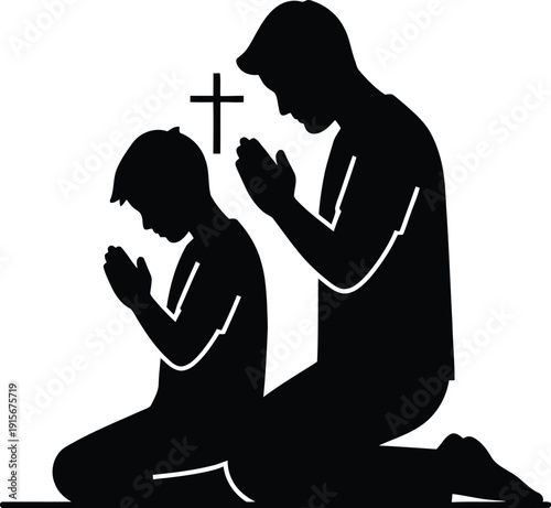 Silhouette of father and son kneeling in prayer with cross symbol representing faith and family values