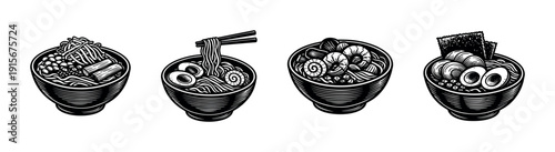 Ramen bowls icons set. flat vector icons set of asian noodles. japanese cuisine illustrations
