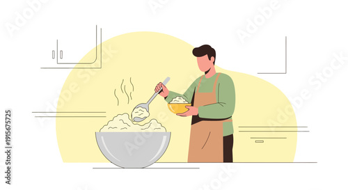 Chef Preparing And Serving Food From A Bowl In The Kitchen Ready To Eat Or Serve.