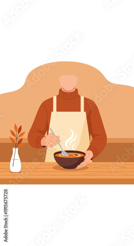 Chef Preparing Culinary Delight: Artistic Illustration of Homemade Soup Creation in Kitchen