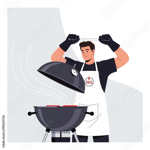 Chef Preparing Delicious Barbecue Feast On The Grill With Tongs And Protective Gloves
