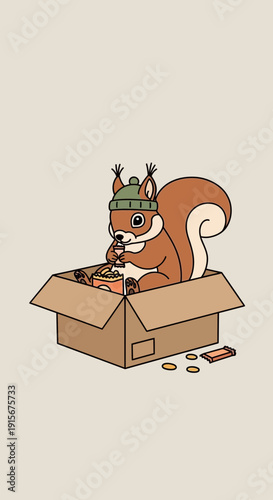 Charming Squirrel Enjoying Snacks in a Cardboard Box with a Playful and Cozy Atmosphere