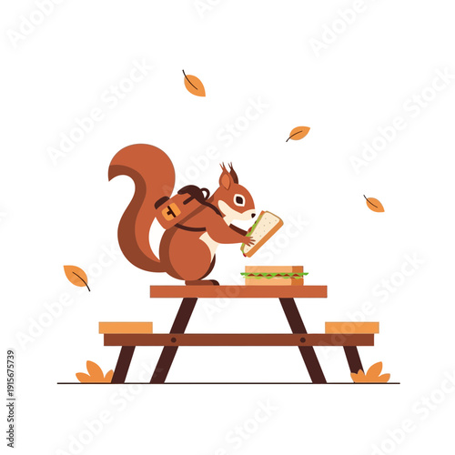 Charming Squirrel Enjoys Autumn Picnic Lunch Outdoors With Delicious Sandwich