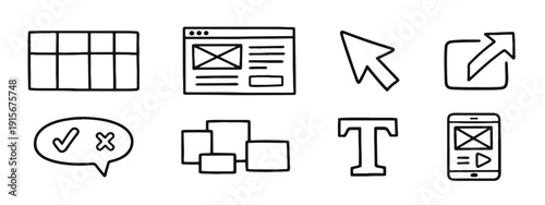 Doodle set of UI/UX design icons for web, mobile, layout, elements, and interaction concepts.