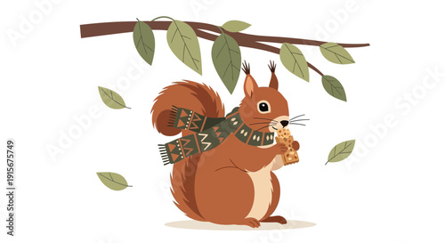 Charming Squirrel Enjoying Treat Under Branch With Leaves In An Autumnal Scene