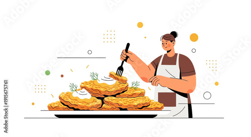 Chef Preparing Delicious Platter Of Golden Fried Patties With Creamy Topping