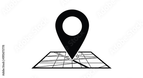 A simple black and white illustration depicts a location pin marker over a grid like map section high quality