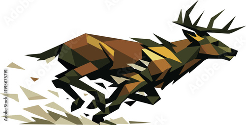 Low-poly vector illustration of a deer mid-dash under peak tension, extreme angular silhouette with hooves barely touching the