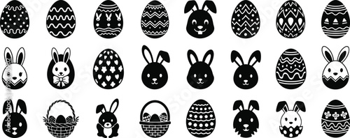 Easter eggs and bunny silhouettes pattern featuring various decorated eggs and rabbits in black on white background silhouette