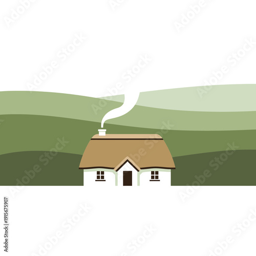 Charming Thatched Cottage Nestled Among Rolling Green Hills With Gentle Smoke Rising