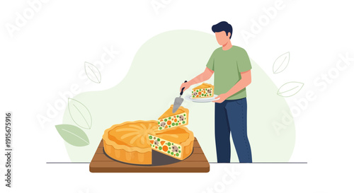 Chef Serving a Delicious Pie Slice: Food Illustration for Culinary or Food-Related Themes