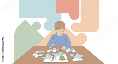 Child Engaged In Winter Puzzle Activity Promoting Cognitive Development