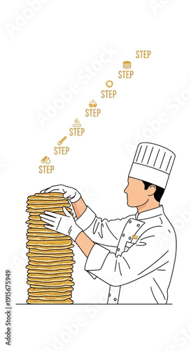 Chef Stacking Golden Pancakes Demonstrating Culinary Creation Process