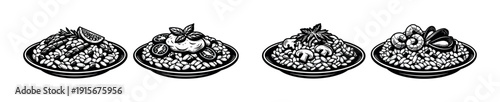 Food vector icon set. flat rice and seafood dishes. culinary illustration collection