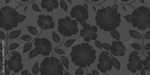 Dark Floral Silhouettes on Gray Background pattern, Dark vibes background with flowers