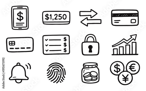 Financial Management and Security Doodle Icon Collection: Credit Cards, Budgets, Investment, and Alerts