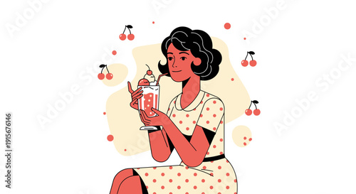 Charming Woman Enjoys A Refreshing Cherry Milkshake Retro Style