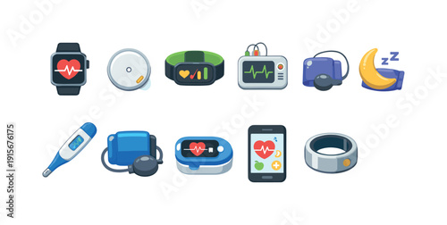Wearable technology, healthcare line icon set. Gadgets, smartwatch, health monitoring icons