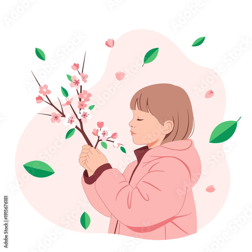 Child Gently Smelling Cherry Blossoms in Spring Breeze