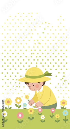 Child Gently Tends To Blooming Flowers In A Garden Patch