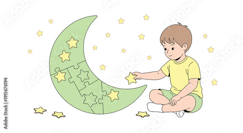 Child Completing Crescent Moon Puzzle With Stars